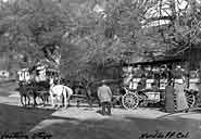 1900's horse and buggy stage making its daily stop at the livery stable, now the Ojai Village Pharmacy, corner of Ojai Avenue and Signal Street.