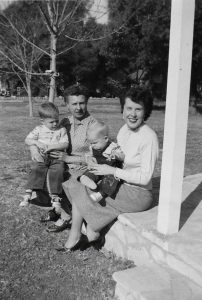 FROM LEFT to RIGHT: Drew, Jewell, Mitch and Arlou Mashburn sitting on the front porch of Jewell's S. Lomita Avenue home in Meiners Oaks on the morning of January 1, 1954. 