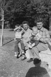 FROM LEFT to RIGHT: Drew, Jewell, Mitch and Harold Mashburn at Jewell's (Harold's mother) S. Lomita Avenue home in Meiners Oaks. This photo was taken on the morning of New Year's Day 1954. 