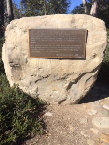 This large boulder with its bronze plaque was set at the "Y" intersection to honor the firefighters that worked to save the Ojai Valley from the 1985 Wheeler Canyon Fire. 